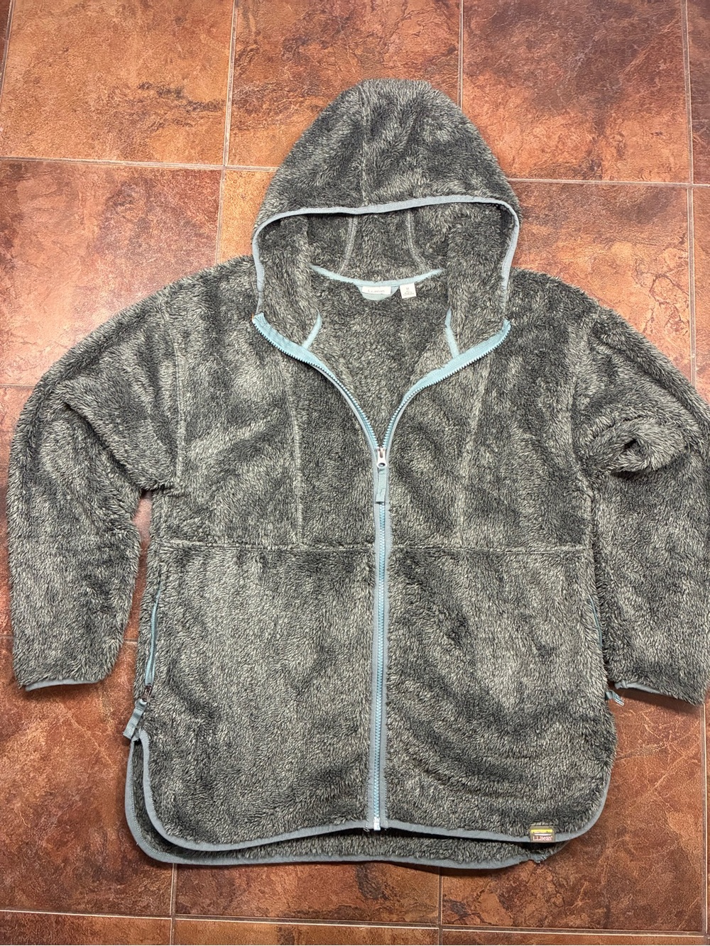 L.L. Bean Gray Hooded Plush Jacket with Light Blue Trim